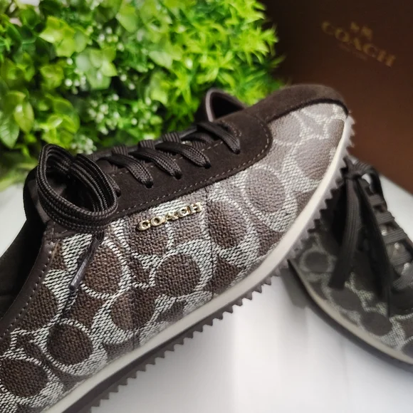 Coach Ivory Signature Monogram Sneakers | Black-Brown Chestnut Leather Trim - Picture 2 of 9